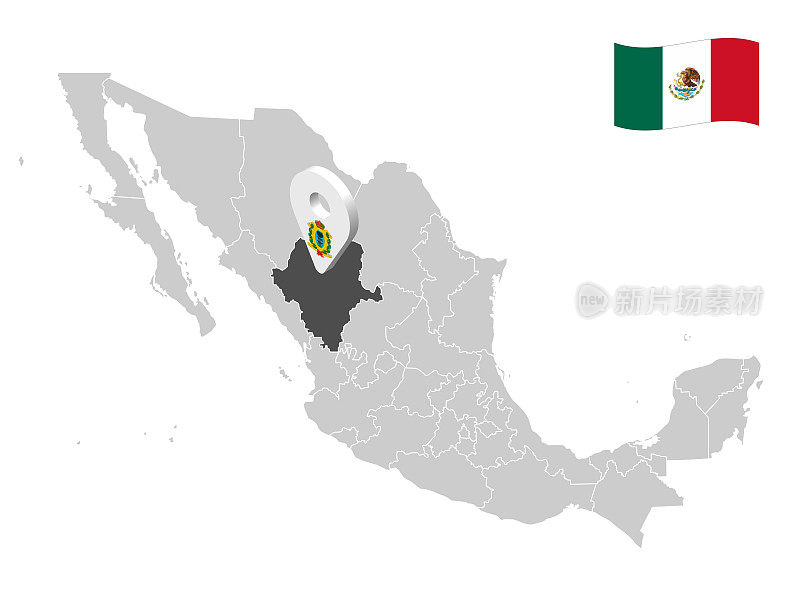 杜兰戈州在地图上的位置墨西哥。杜兰戈的3d位置标志。墨西哥各省的优质地图，供您设计。矢量插图。EPS10。