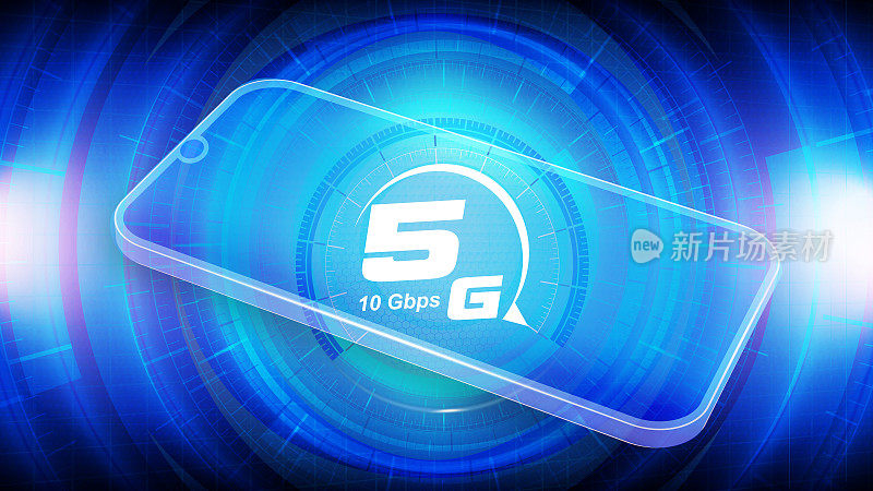 5G网络无线技术矢量图。写着5g和速度测试的智能手机。高速移动互联网。使用现代数字设备。网页模板。蓝色的颜色。