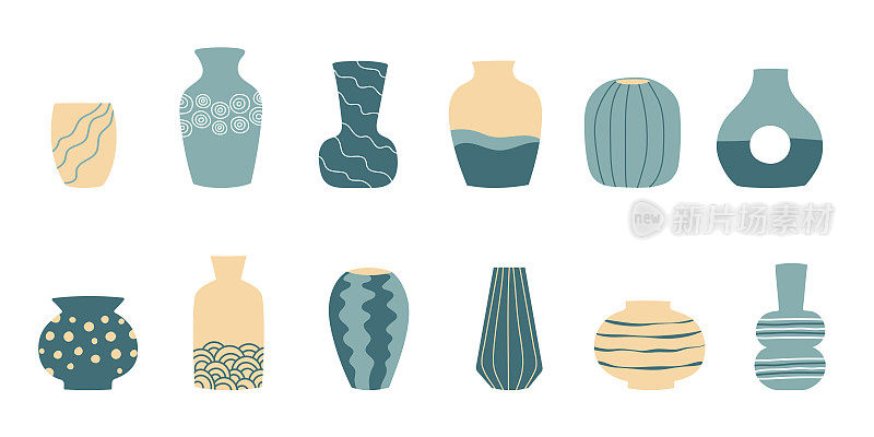 套陶土陶器，陶罐，花瓶在柔和的颜色与装饰