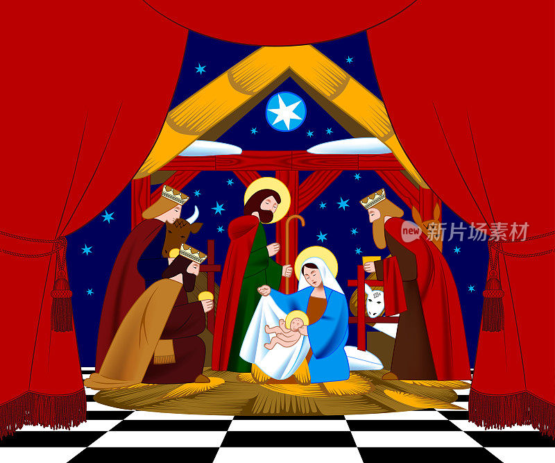 耶稣诞生和三博士崇拜的场景在红色窗帘的框架