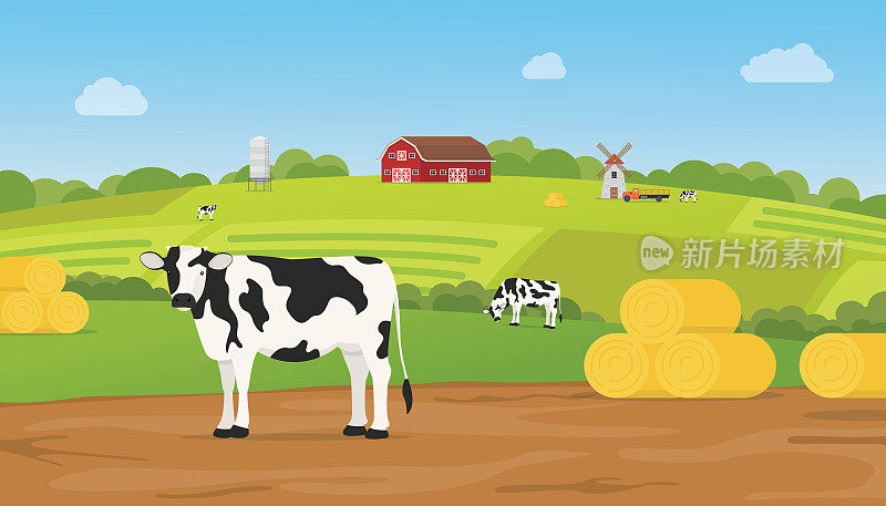 在青山绿水的土地上，家畜农场和奶牛