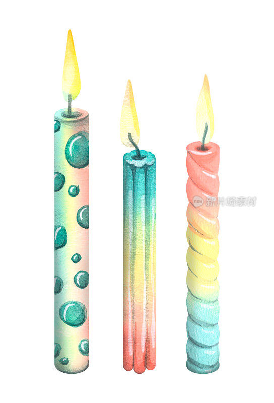 蛋糕蜡烛，烘焙蜡烛，节日蜡烛，五彩缤纷的火焰。水彩插图。从一大堆生日快乐中分离出来的物体。用于设计和装饰问候、明信片。