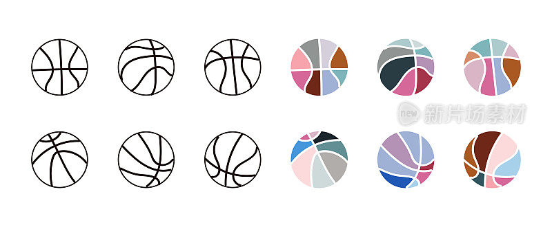 向量平线轮廓描篮球球简约的颜色符号插图集合，平面设计，设计元素