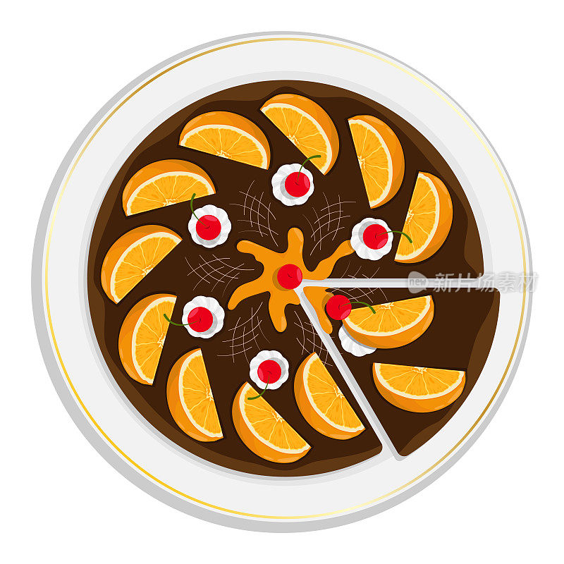 盘子里有巧克力饼干蛋糕，香喷喷的派配橘子片、樱桃和奶油。异国情调的甜点顶部视图。卡通矢量孤立在白色背景
