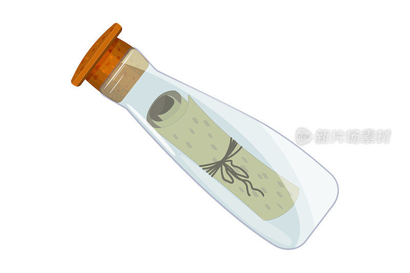 瓶子与信息隔离在白色背景。信装在有软木塞的玻璃瓶里。瓶子与纸卷轴。