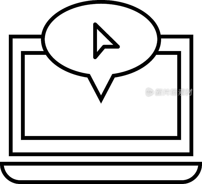 计算机、互联网和通信的概念。现代单色标志在平面风格。适用于网站，商店，书籍等。笔记本电脑显示器上语音气泡内的箭头或光标线图标