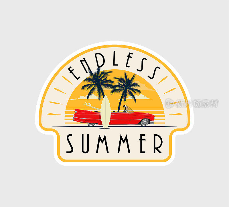 夏季贴纸或徽章或标签设计模板冲浪车在海滩上与日落的背景与无尽的夏季标题。矢量图