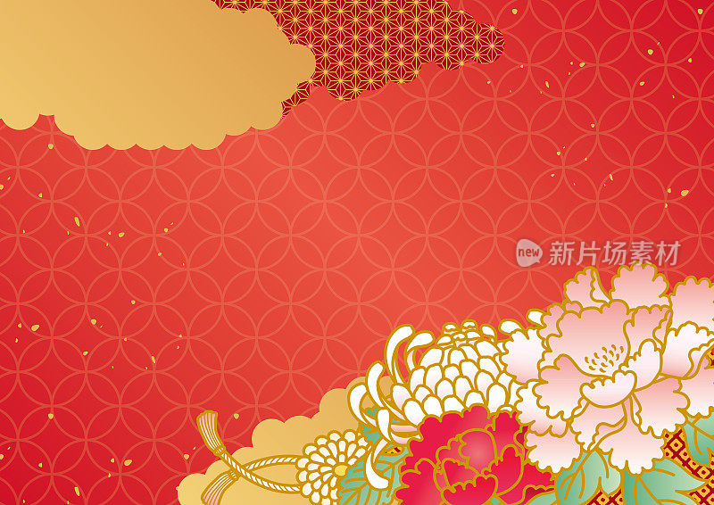 红色日本图案背景与牡丹和菊花