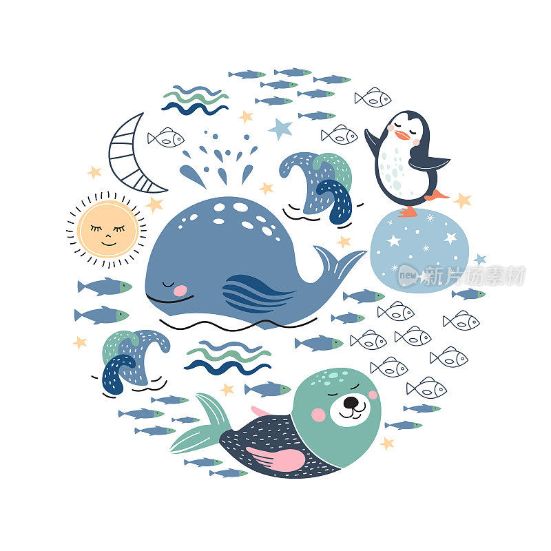 圆形插图，可爱的卡通鲸鱼，海豹，鱼，企鹅。冬天的背景。