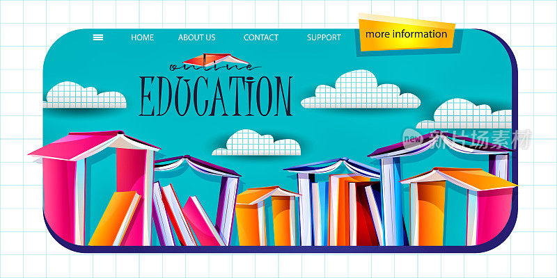 卡通风格的学校教育理念。回学校!教科书和书籍的形式与纸云在一个抽象的颜色背景。时尚的web模板在线订购，网页，应用程序设计。