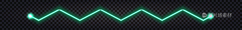 电脉冲线，发光光效应。绿色激光束，导线带雷电，动态信号。科技设计孤立在黑暗的透明背景，矢量插图