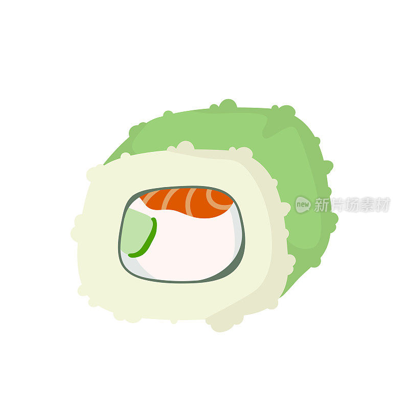 芝麻寿司卷，日本菜。寿司卷卡通风格图标。寿司孤立在白色背景上。矢量卡通寿司。手绘寿司卷。西安的食物