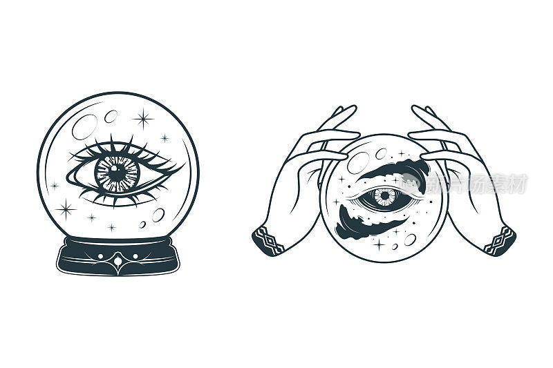 魔法球里的全视之眼，手握提供眼睛的眼睛。手绘矢量插图巫术，贴纸，深奥和魔法商店。