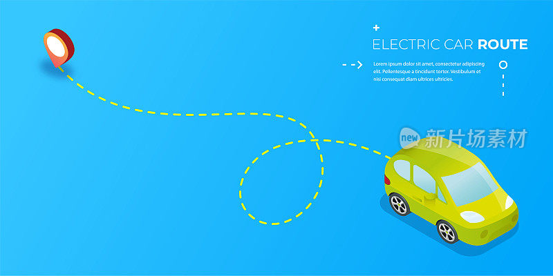 电动绿色汽车路线蓝色地面汽车路径和地图指针