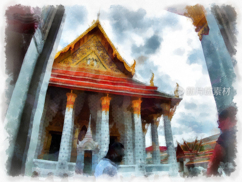 泰国曼谷的古代建筑和古代艺术景观水彩风格插画印象派绘画。