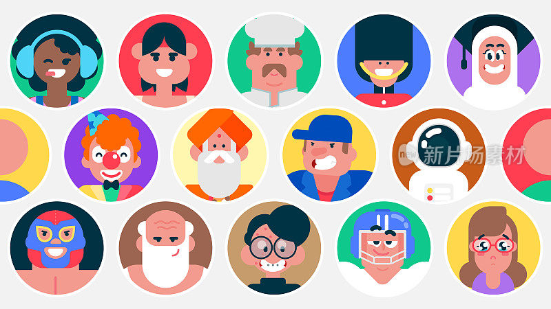 用户图标的男女不同国籍的彩色背景，人头像设置，快乐的用户在圆圈，不同的圆脸档案，平面矢量头像