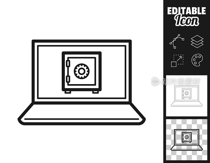 带保险箱的笔记本电脑。图标设计。轻松地编辑