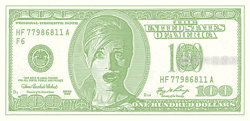 一名女子在美国一百美元钞票上露出震惊的表情。通货膨胀。