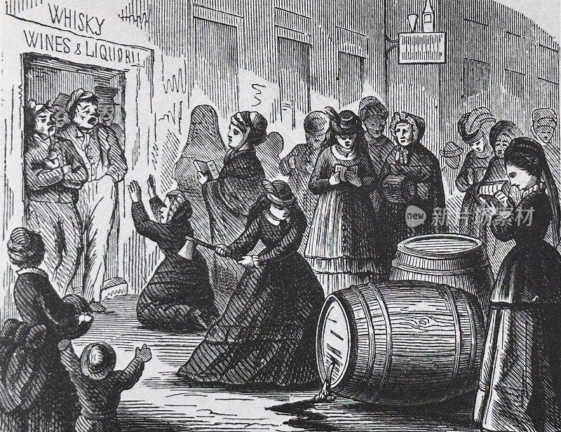 美国的女人破坏威士忌酒桶，试图使男人皈依基督教