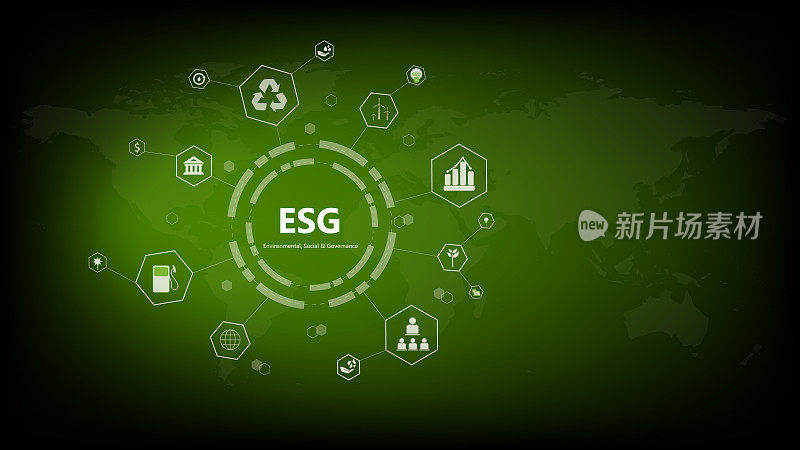 世界可持续环境概念。绿色地球是环境、社会和治理的ESG图标。用图形图标解决环境、社会和管理问题。
