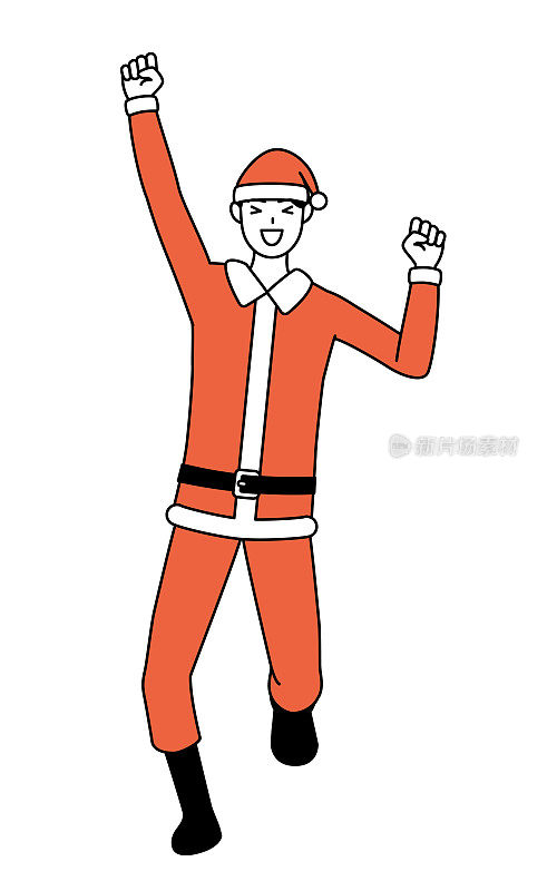 简单的线条插画，一个男人打扮成圣诞老人微笑和跳跃。