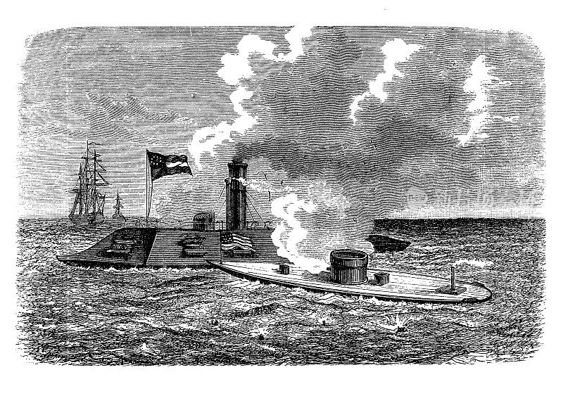 美国梅里马克号蒸汽护卫舰于1855年下水，在美国内战中缴获，更名为CSS弗吉尼亚号，并在1862年汉普顿路战役中用于对抗铁甲Monitor号