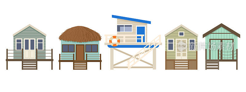 卡通夏日沙滩小屋，沙滩小屋。平房沙滩避暑小屋，海沙建筑平面矢量插图在白色背景