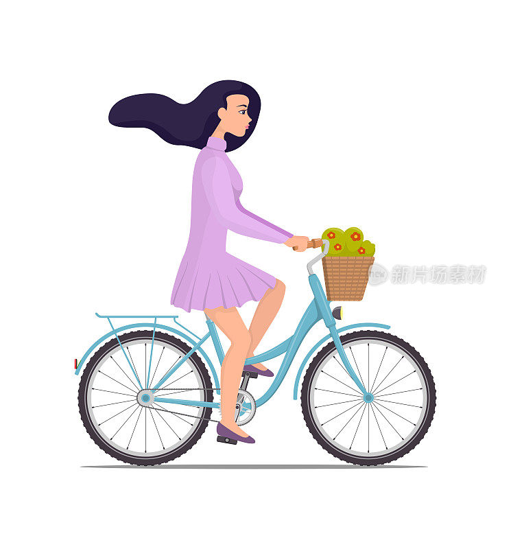 漂亮的年轻女子骑着自行车，篮子里放着花。漂亮的女孩穿着漂亮的衣服，头发在风中飘动，骑着自行车。矢量平面插图。