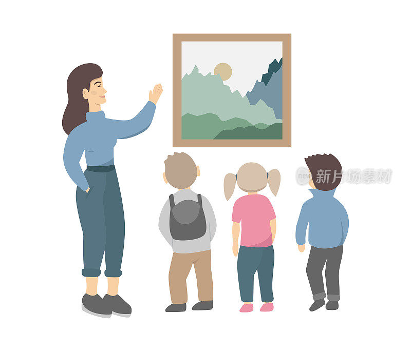 孩子们在博物馆里游览，站在图画前听导游讲解。导游在博物馆向孩子们展示图片。矢量插画艺术画廊，文化教育，展览概念