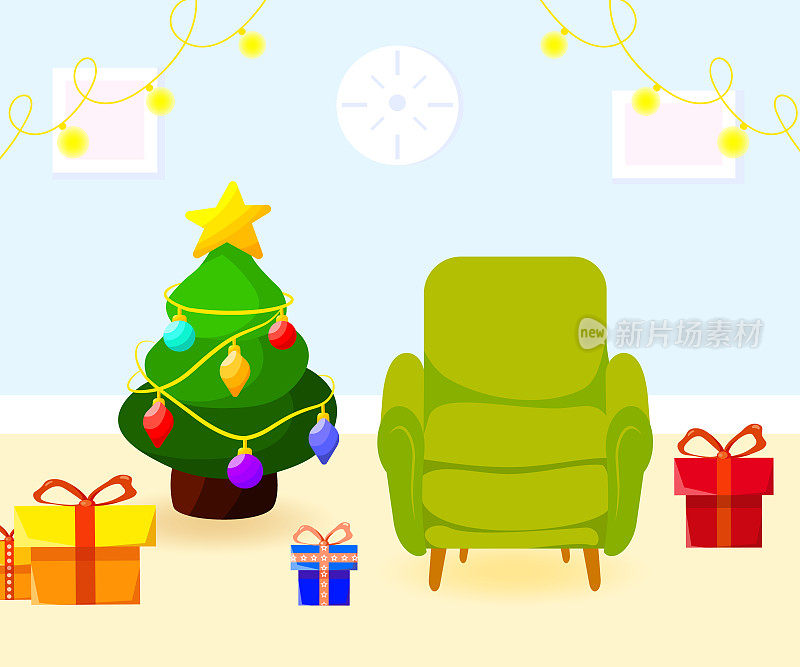 舒适的家庭内部与圣诞装饰，客厅卡通平面矢量插画。圣诞树，花环和礼品盒。