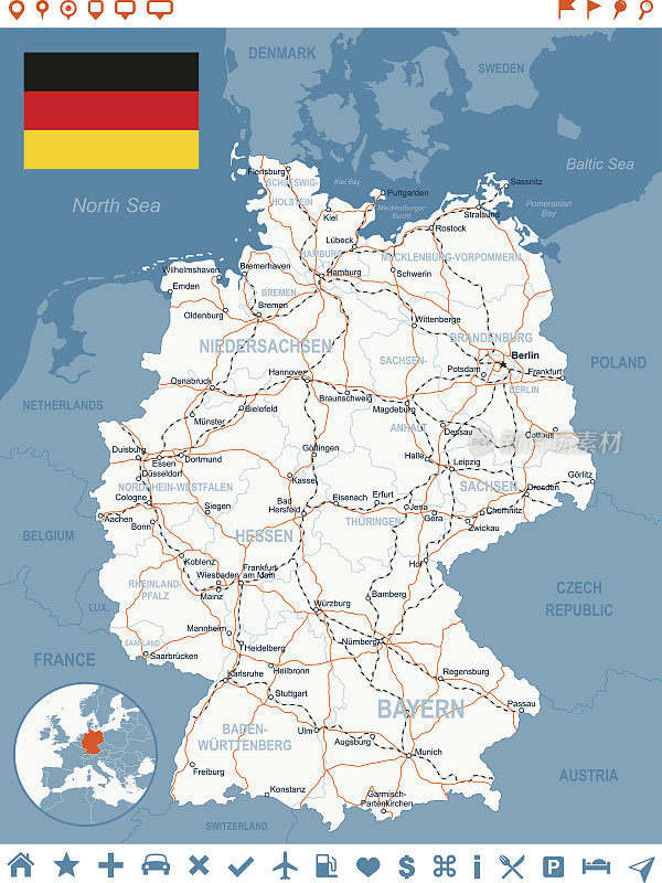 德国地图，旗帜，导航标签，道路-插图