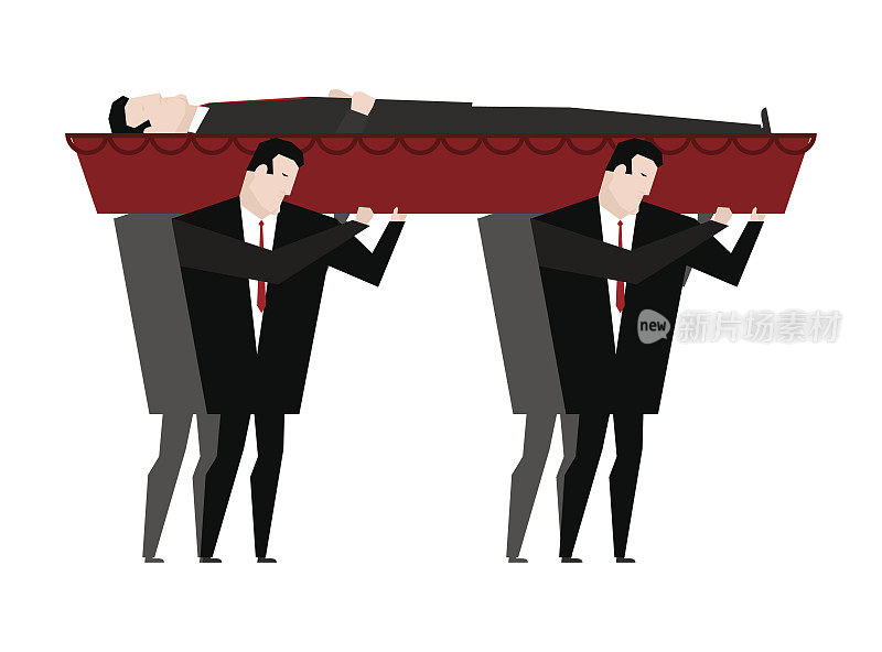 葬礼。人们抬着装着死人的棺材。红色的木制棺材