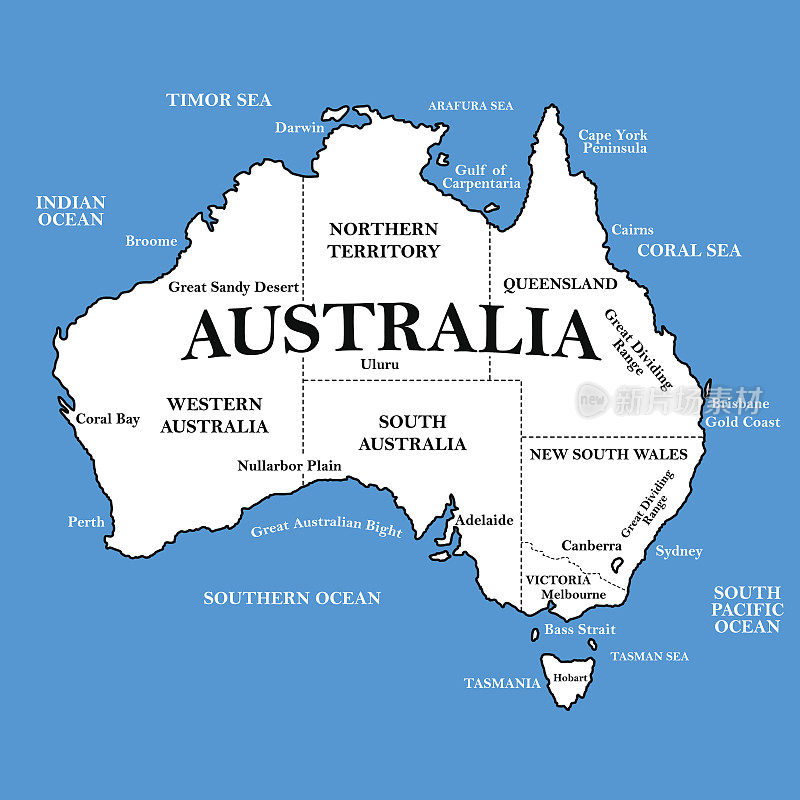 澳大利亚地图的位置在蓝色的背景