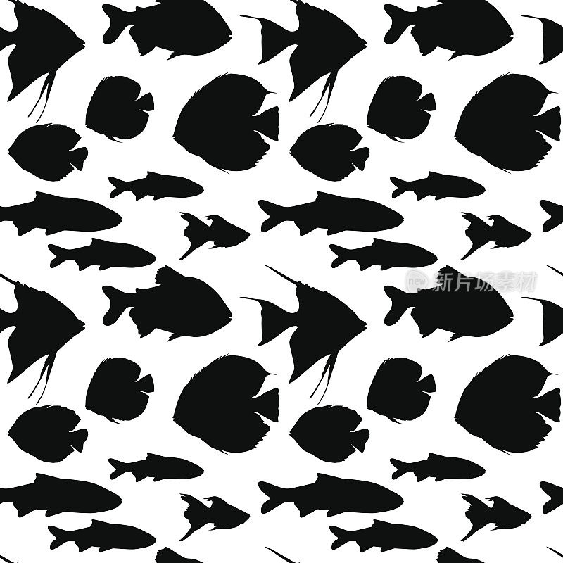 无缝模式与不同的黑鱼在白色的背景
