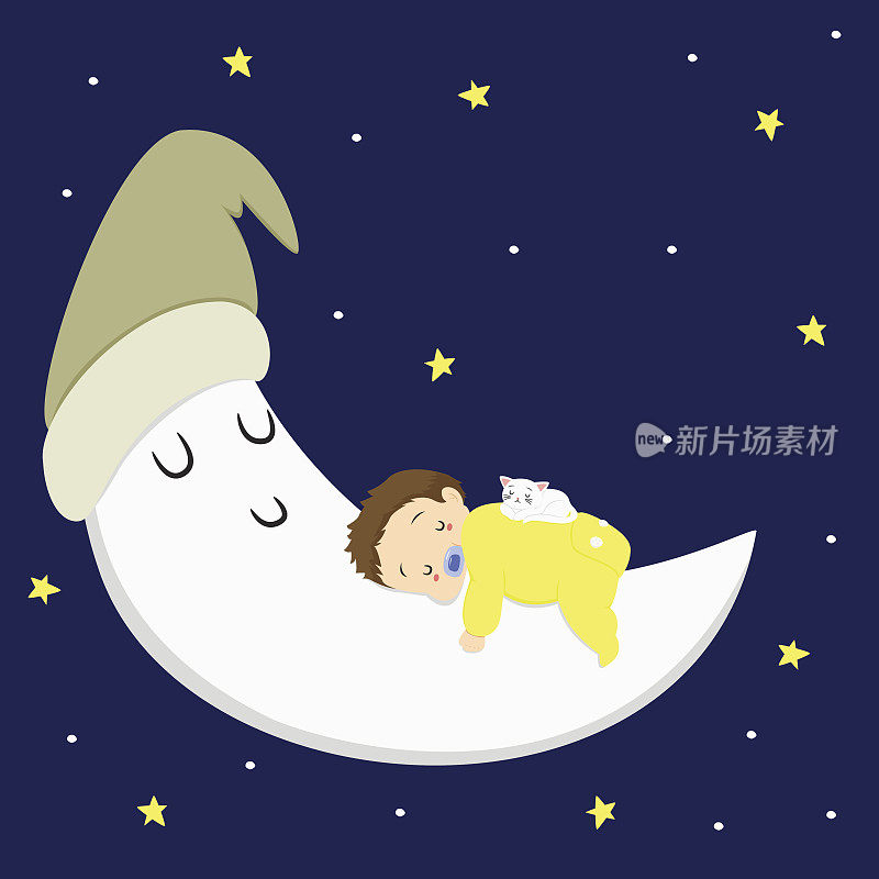 小男孩和在月亮上睡觉的猫
