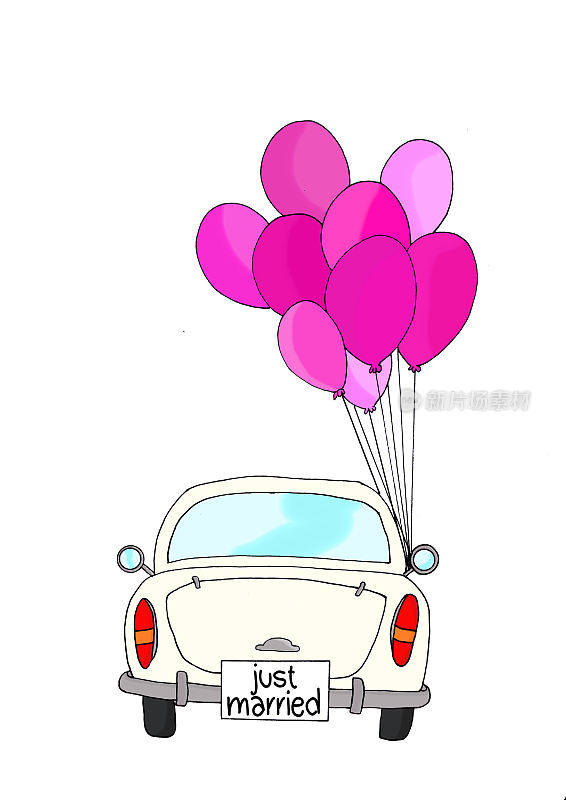 新婚，白色的汽车和气球