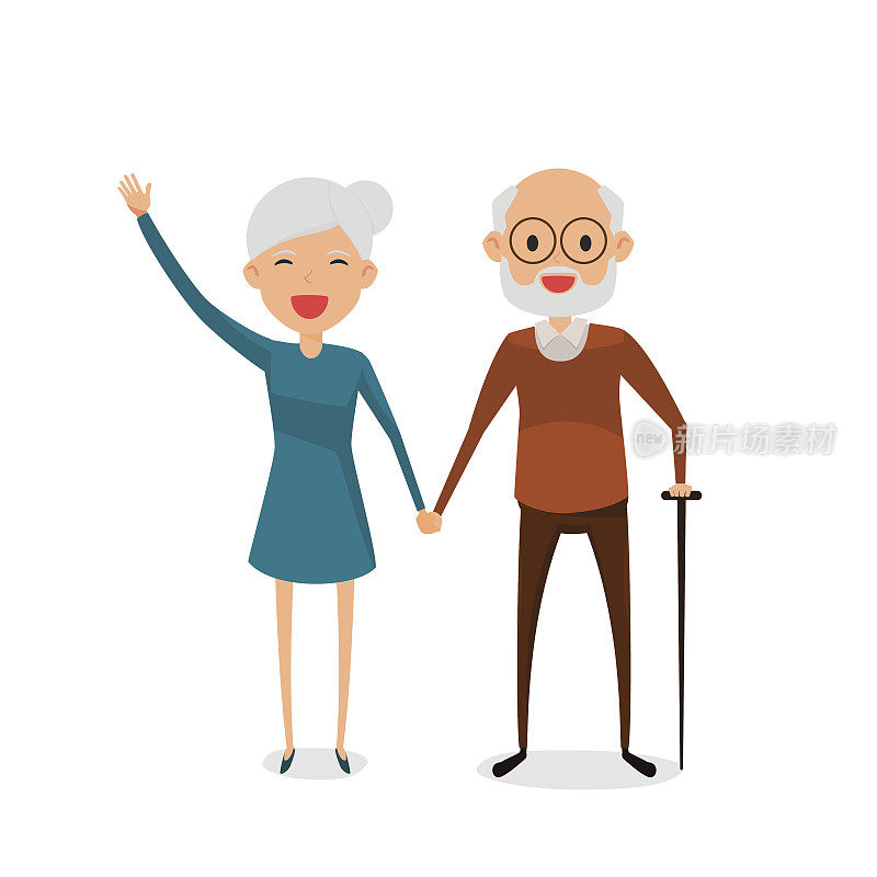 快乐的爷爷奶奶牵着手。一对退休的老年夫妇。爷爷奶奶拄着拐杖站着，满脸笑容