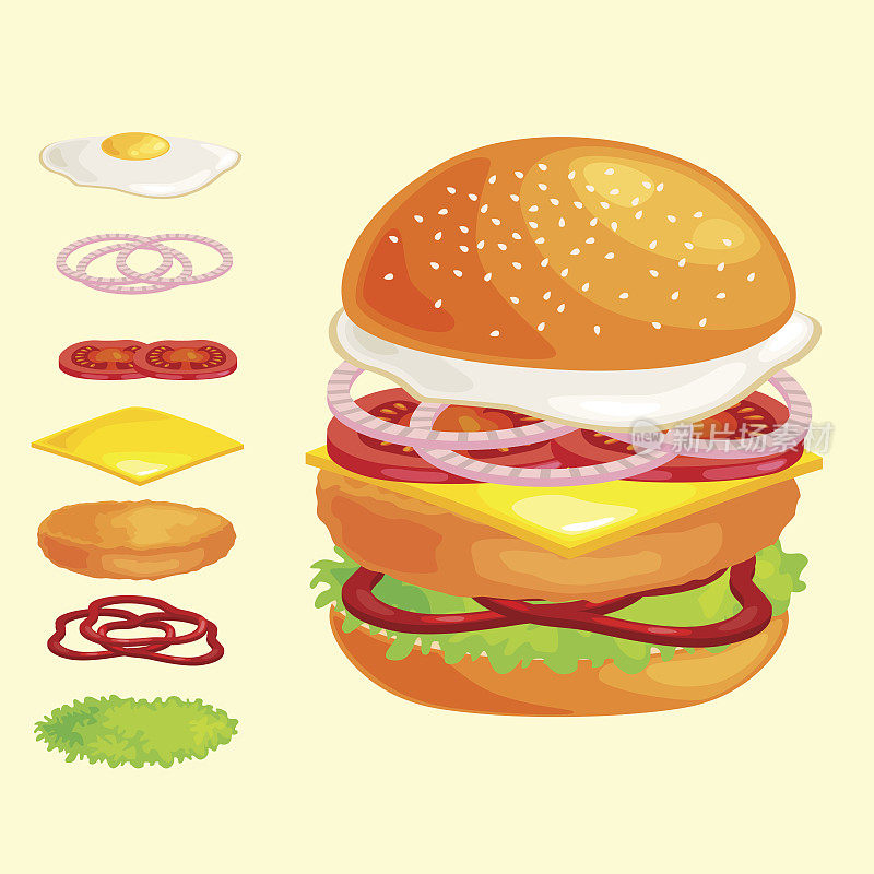 套汉堡烤牛肉蔬菜酱包小吃，汉堡快餐餐菜单烧烤肉与详细的个人飞行片菜单配料矢量插图背景