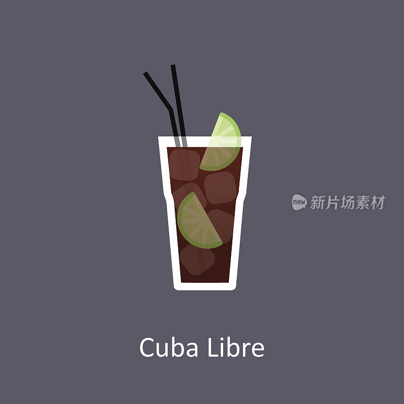 古巴自由鸡尾酒图标在平坦的风格在黑暗的背景