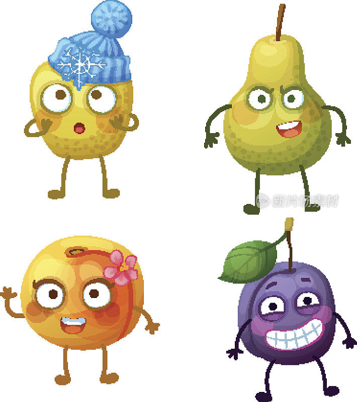 有趣的水果性状孤立在白色背景。emoji快乐的食物。卡通矢量插图:冬黄苹果、甜桃、青梨、凉梅