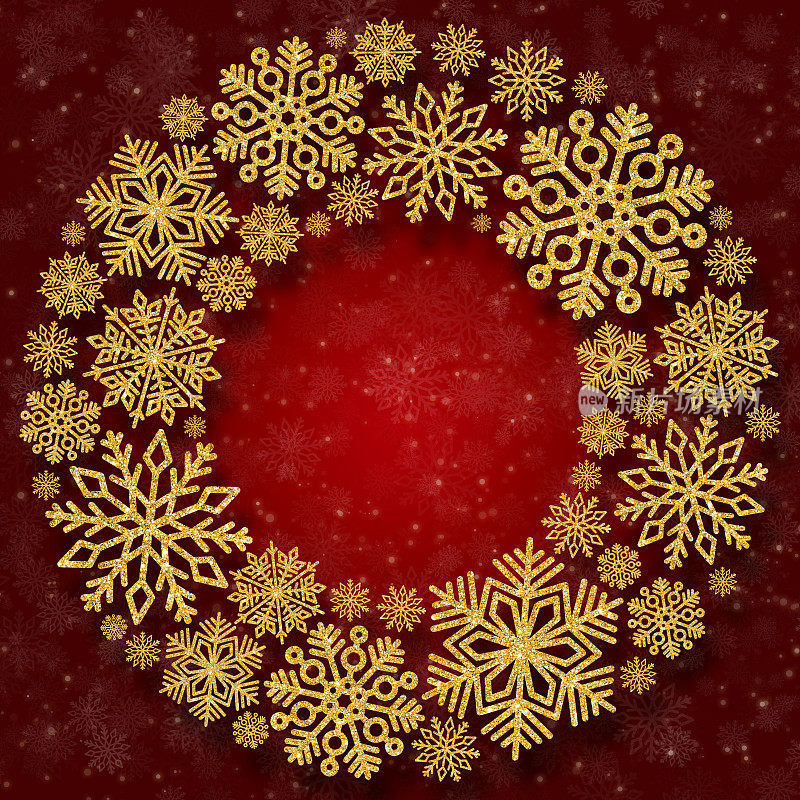 圣诞圆框与金色雪花在红色的背景。亮片花边