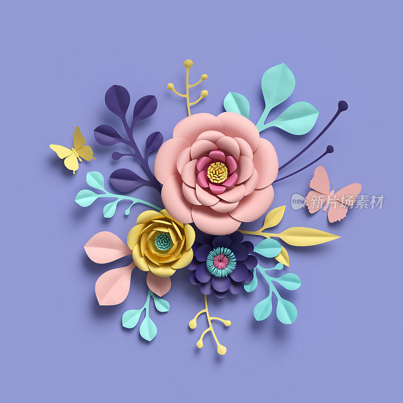 3d渲染，抽象的花卉背景，纸花，植物图案，新娘圆花束，纸工艺，糖果粉彩，明亮的色调调色板