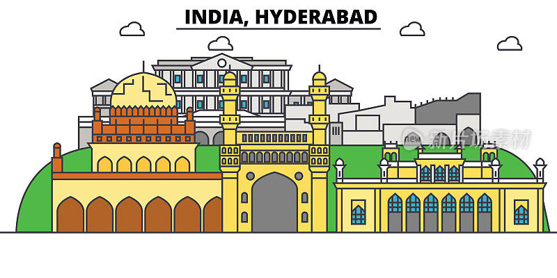 印度海德拉巴,印度教。城市天际线，建筑，建筑，街道，剪影，景观，全景，地标。可编辑的中风。平面设计线矢量插图概念。孤立的图标