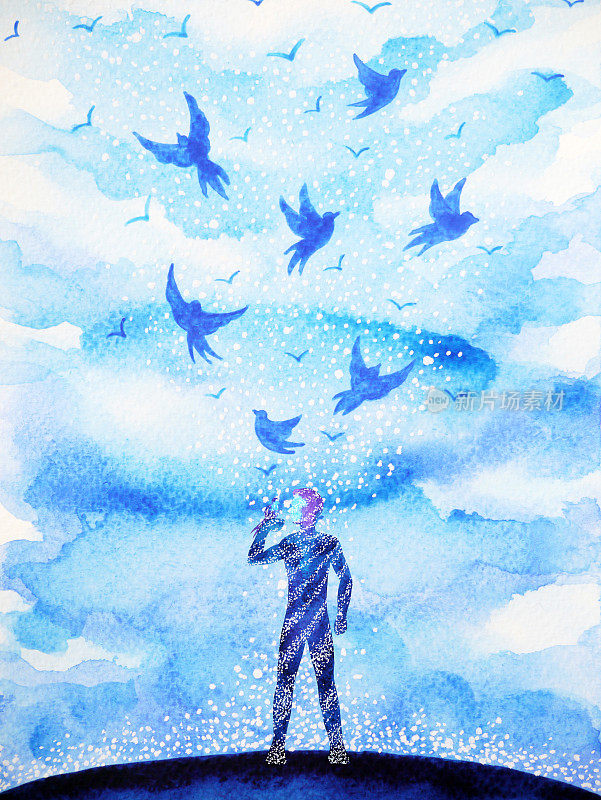 人与飞鸟自由飞翔，用开阔的天空放松心灵，抽象水彩画设计插画背景