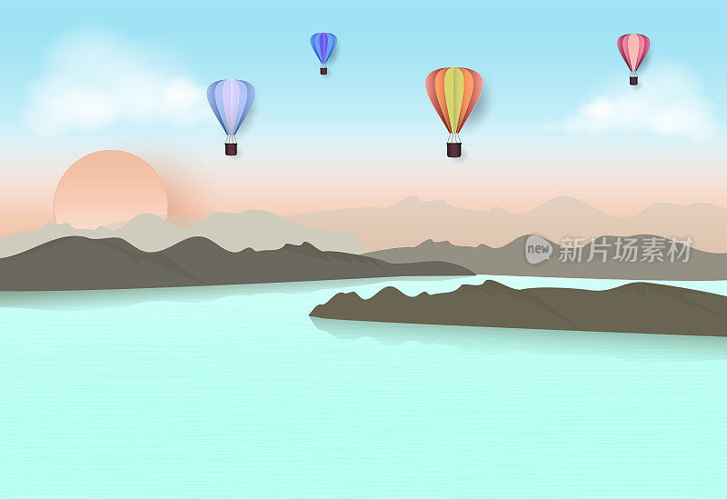 热气球在蓝天中飞过湖和山。纸艺术，剪纸风格插图。
