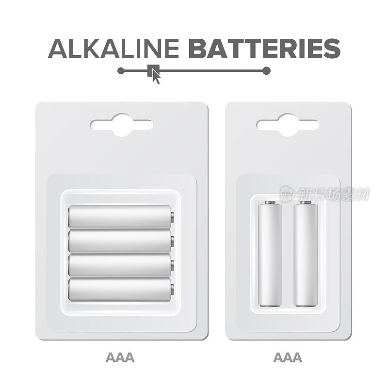 AAA电池包装矢量。泡罩中的碱性电池。逼真的光泽电池蓄电池。模仿对品牌设计有好处。特写镜头孤立的插图