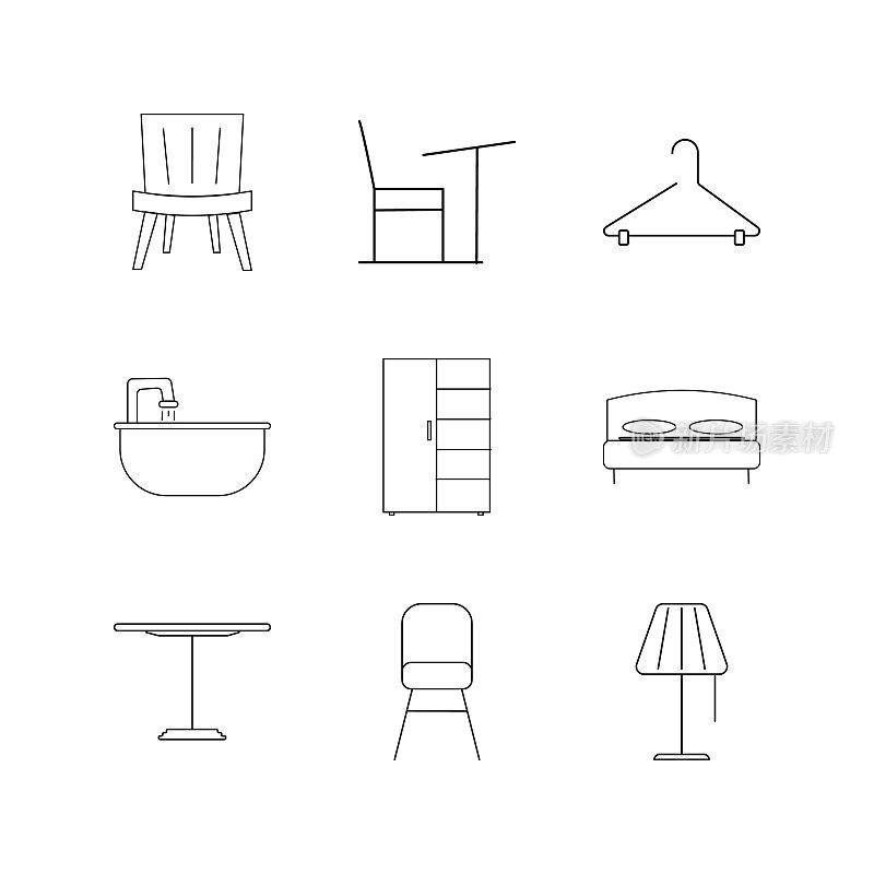 家具线性图标集。简单的轮廓图标
