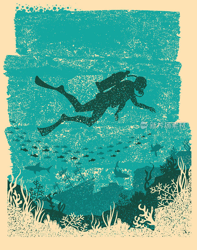 水下呼吸器驾驶员的剪影。古董海海报