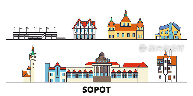 波兰，索波特平面地标矢量插图。波兰索波特一线城市拥有著名的旅游景点、天际线、设计。