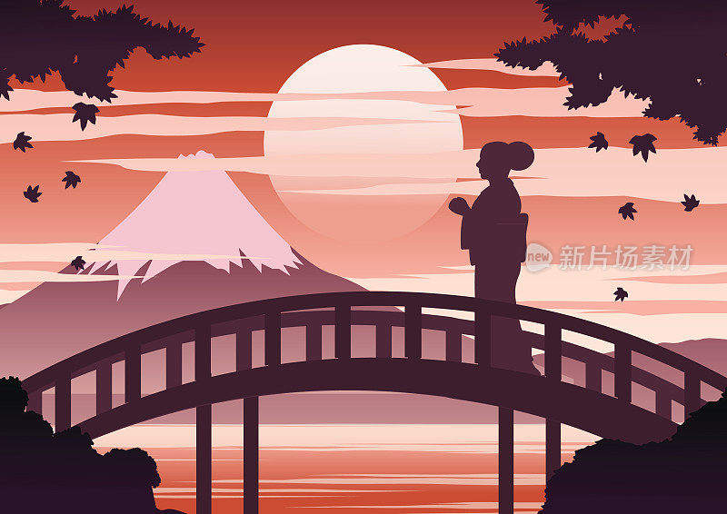 身着和服的日本女子站在富士山附近的桥上，夕阳时分枫叶飘落，剪影光影设计，复古色彩